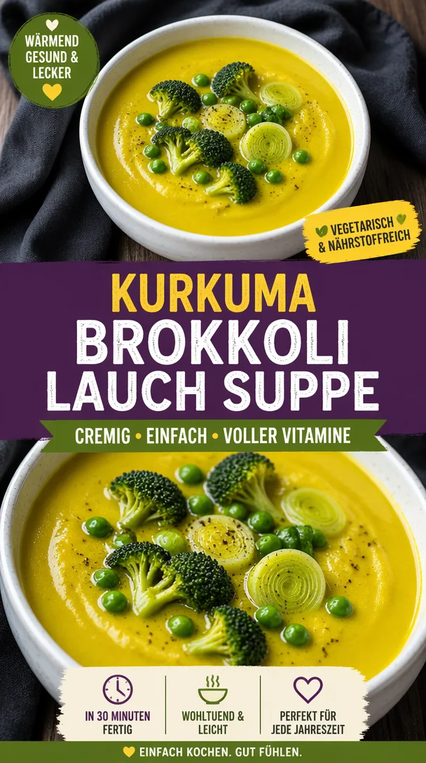 Cremige Brokkoli-Lauch-Suppe mit Kurkuma in einer Schüssel serviert