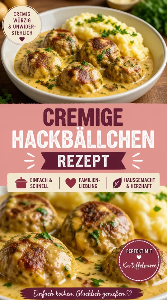 Cremige Hackbällchen in Sauce serviert mit Kartoffelpüree auf einem Teller