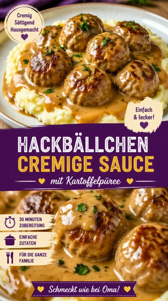 Cremige Hackbällchen in Sauce serviert mit Kartoffelpüree