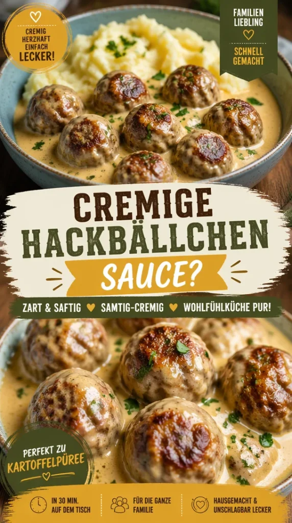 Cremige Hackbällchen in Sauce mit Kartoffelpüree auf einem Teller angerichtet