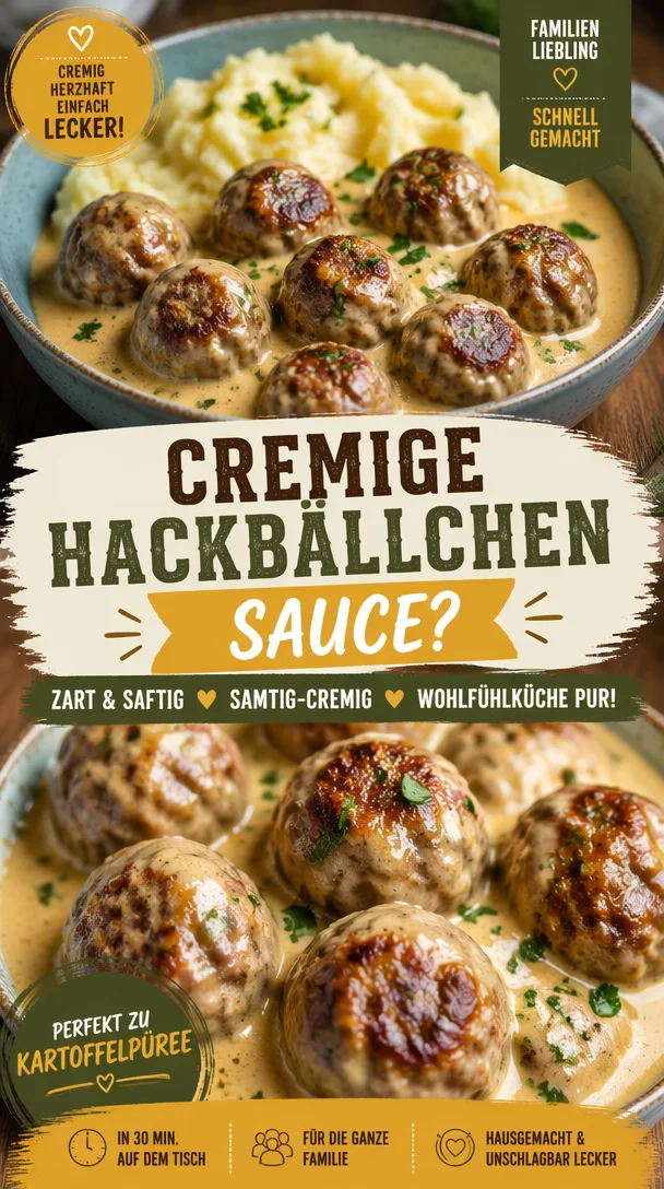 Cremige Hackbällchen in Sauce mit Kartoffelpüree auf einem Teller angerichtet