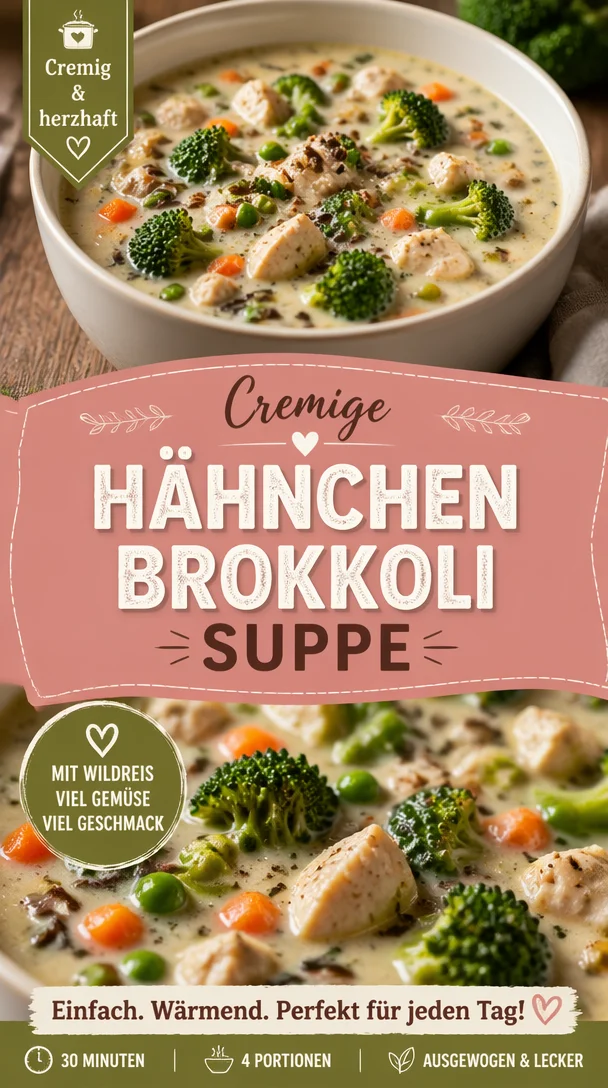 Cremige Hähnchen Brokkoli Wildreis Suppe in einer Schüssel serviert.