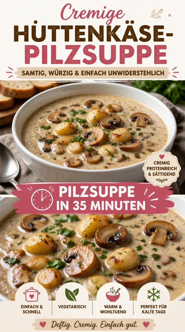 Cremige Hüttenkäse-Pilzsuppe in einer weißen Schüssel, garniert mit frischen Kräutern.