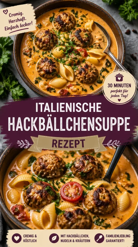 Cremige italienische Hackbällchensuppe mit frischen Kräutern und Gemüse.