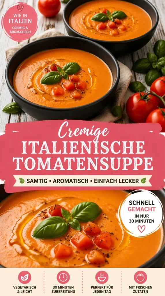 Cremige italienische Tomatensuppe in einer Schüssel mit frischen Kräutern