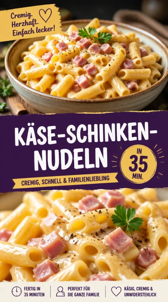 Cremige Käse Schinken Nudeln in einer Schüssel serviert.