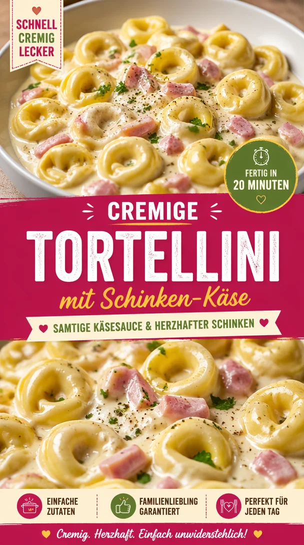 Cremige Tortellini mit Schinken und Käse auf einem Teller serviert.