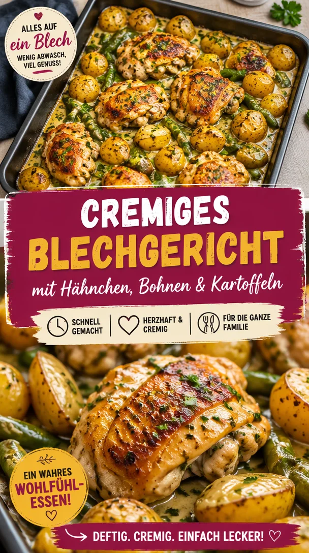 Cremiges Hähnchen Blechgericht mit Bohnen und Kartoffeln auf einem Backblech