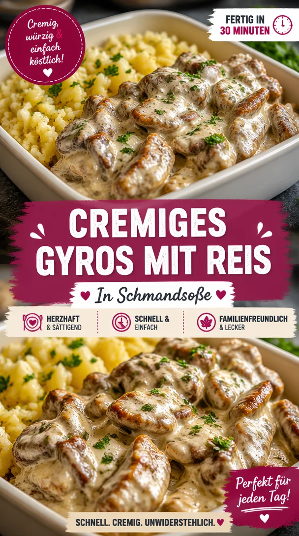 Cremiges Gyrosgeschnetzeltes in Schmandsoße mit Reis auf dem Teller