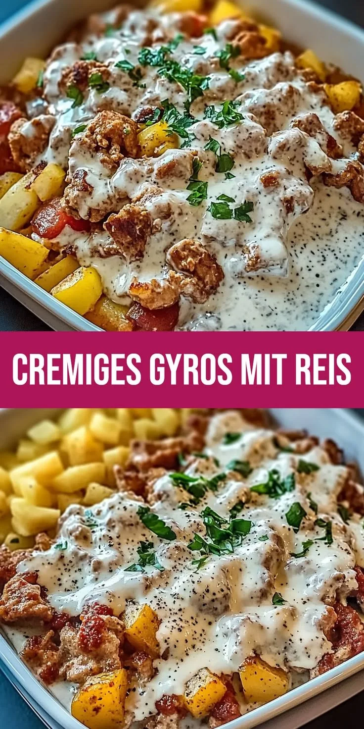 Cremiges Gyrosgeschnetzeltes in Schmandsoße mit Reis
