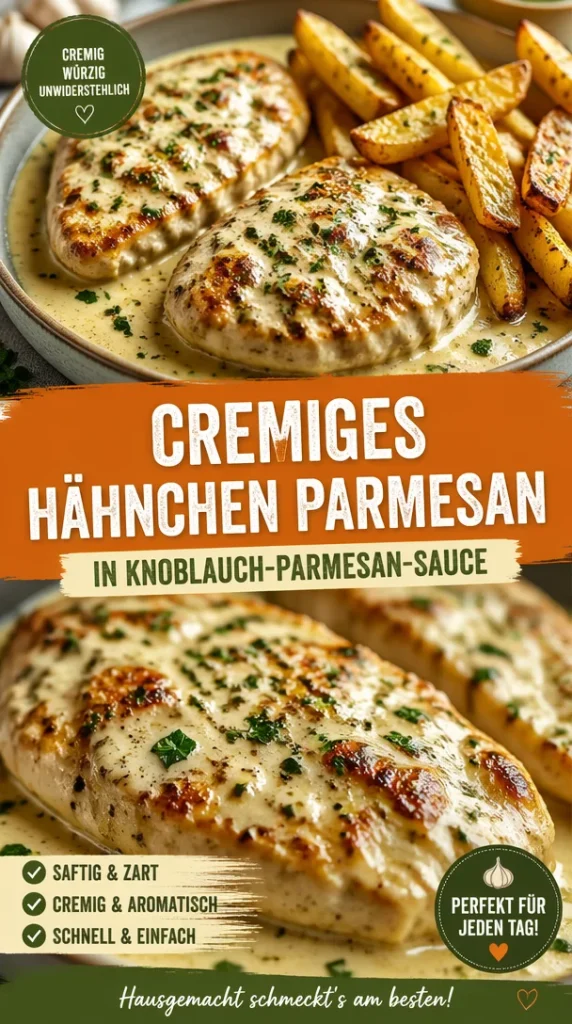 Cremiges Hähnchenfilet in würziger Knoblauch-Parmesan-Sauce auf dem Teller