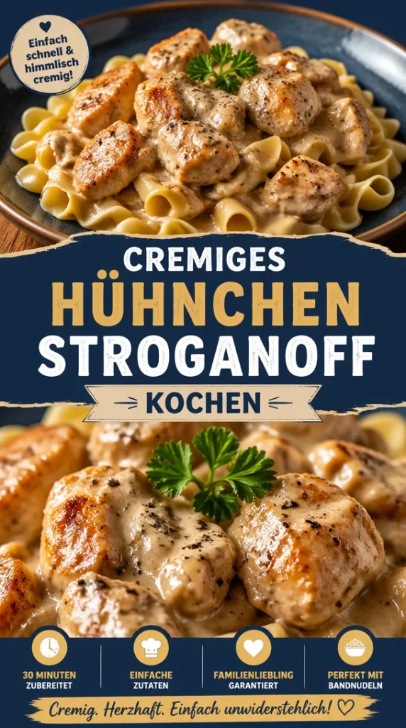 Cremiges Hühnchen Stroganoff mit Pilzen und Nudeln auf einem Teller