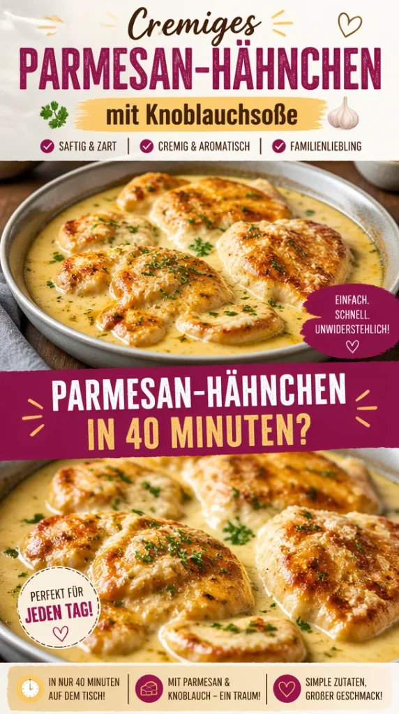 Cremiges Parmesan-Hähnchen mit Knoblauchsoße auf einem Teller