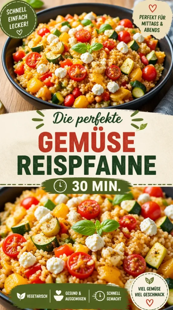 Leckere Gemüse Reispfanne in einer bunten Schüssel serviert