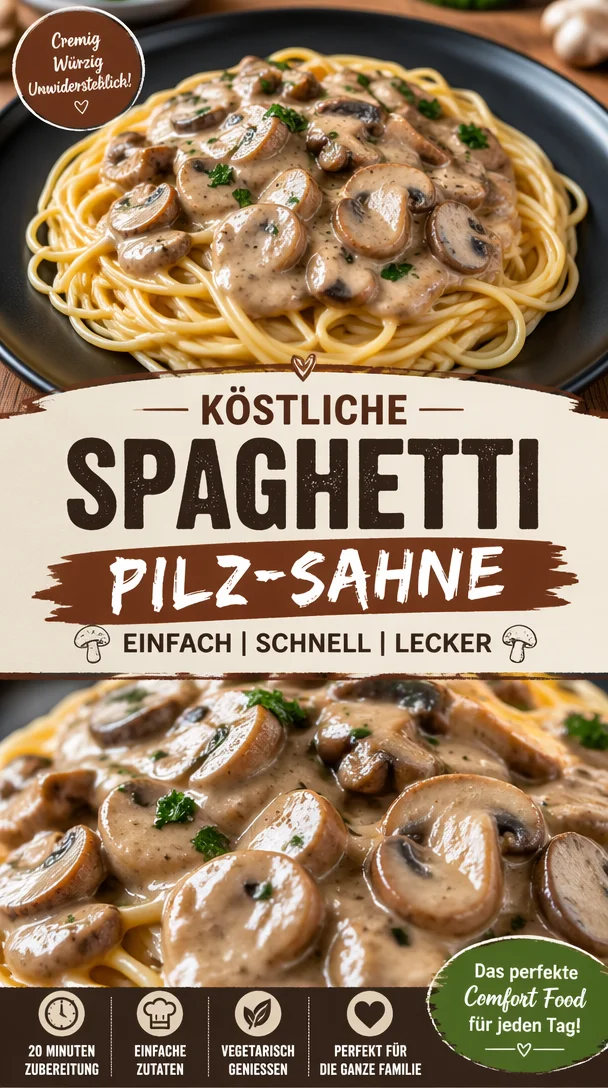Spaghetti mit Champignon-Cremesauce auf einem Teller angerichtet
