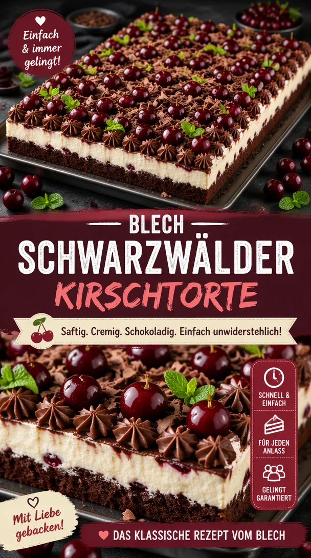 Einfache Schwarzwälder Kirschtorte vom Blech mit Kirschen und Sahne