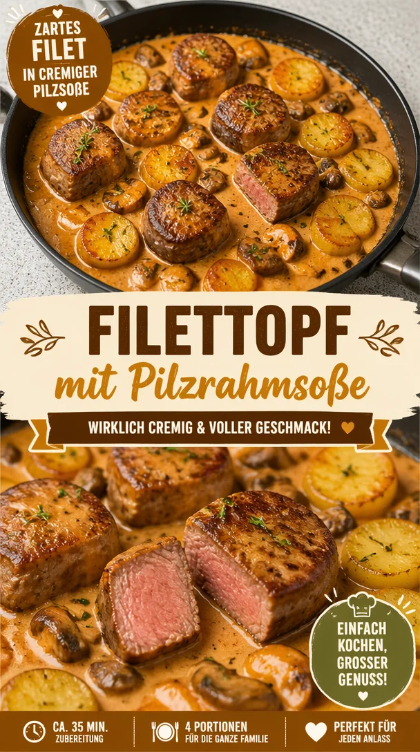 Fillet Pot mit cremiger Pilzrahmsoße serviert auf einem Teller.
