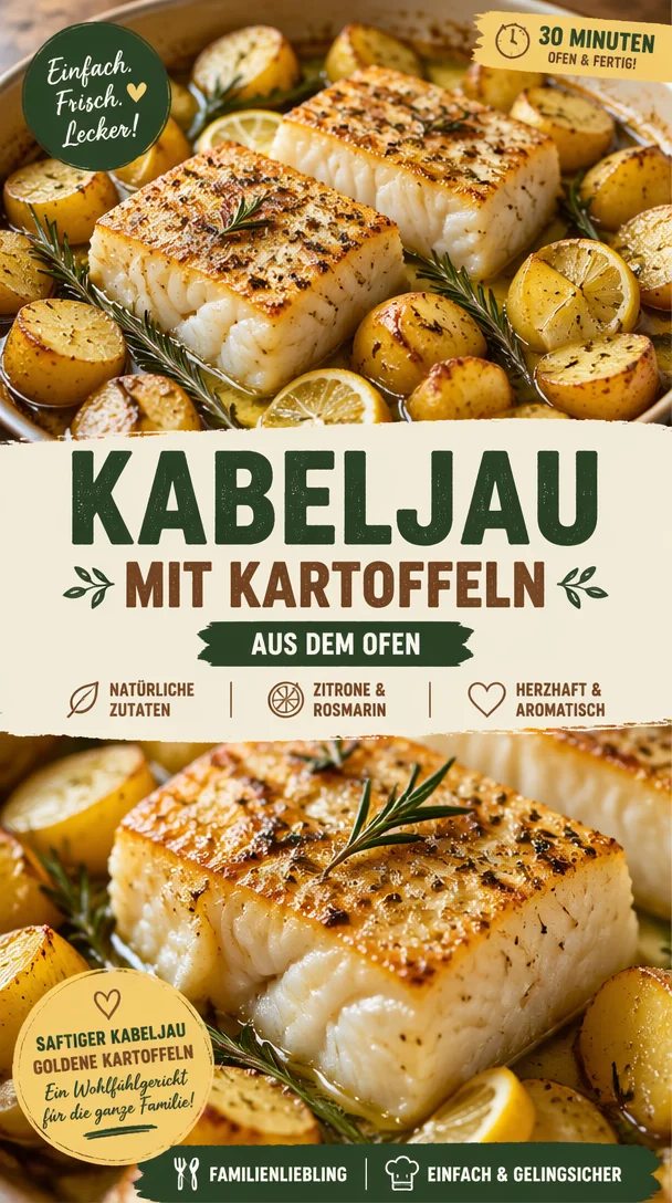 Gebackener Kabeljau mit Rosmarin und Zitronen-Kartoffeln auf einem Teller