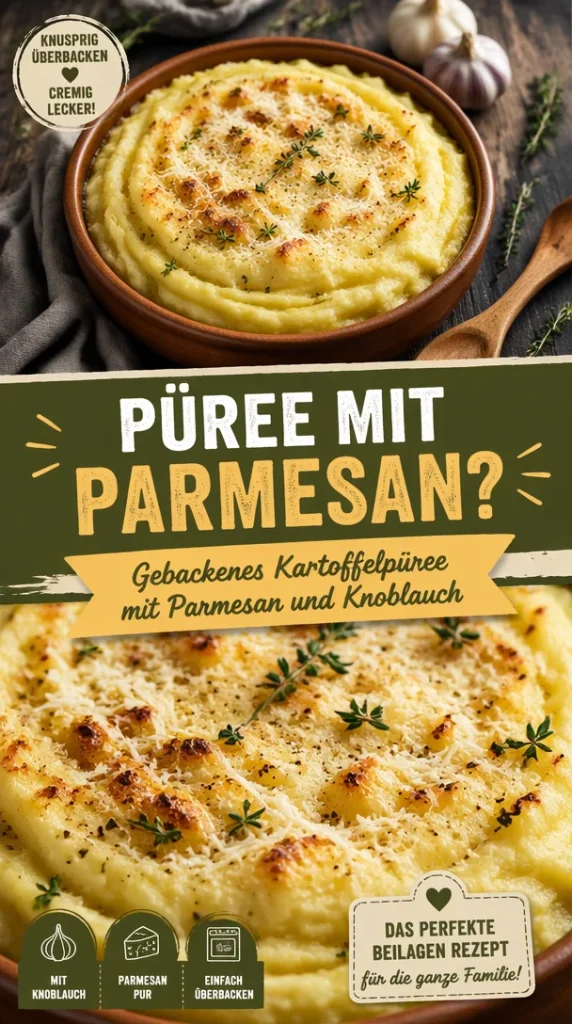 Gebackenes Kartoffelpüree mit Parmesan und Knoblauch auf einem Teller