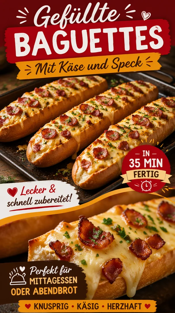 Gefüllte Ofen-Baguettes frisch aus dem Ofen, perfekt für jeden Anlass.