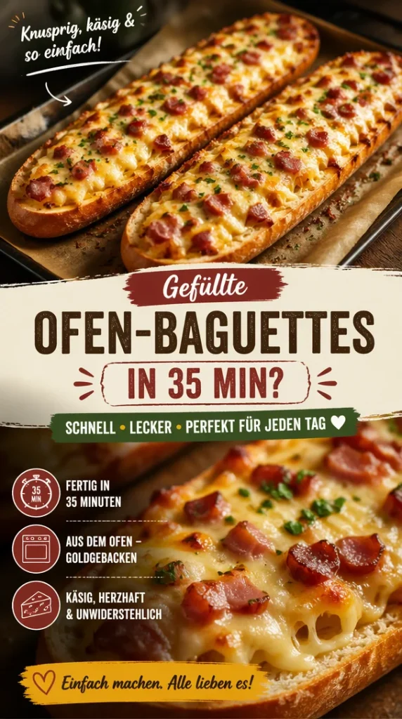 Leckere gefüllte Ofen-Baguettes mit verschiedenen Füllungen.