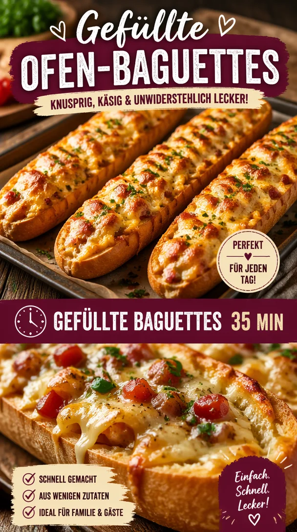 Leckere gefüllte Ofen-Baguettes frisch aus dem Ofen