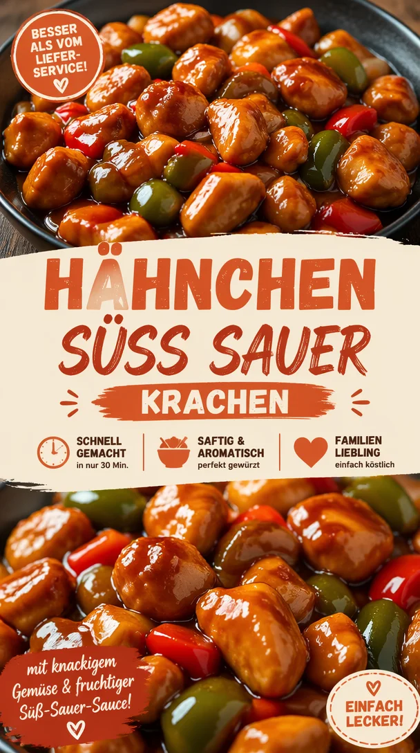 Leckeres Hähnchen süß-sauer mit fruchtiger Soße auf einem Teller