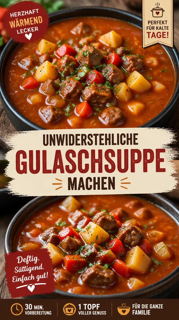 Schüssel mit herzhafter Gulaschsuppe für kalte Tage, vollgepackt mit Fleisch und Gemüse.