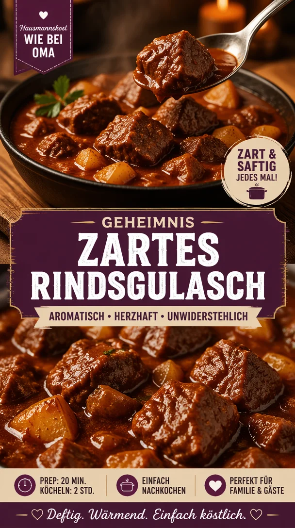 Herzhaftes Rindsgulasch in einem Topf serviert mit frischen Kräutern.
