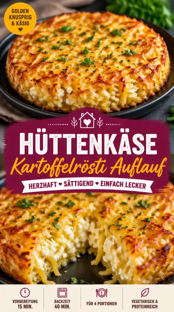 Leckere Portion Hüttenkäse Kartoffelrösti Auflauf auf einem Teller