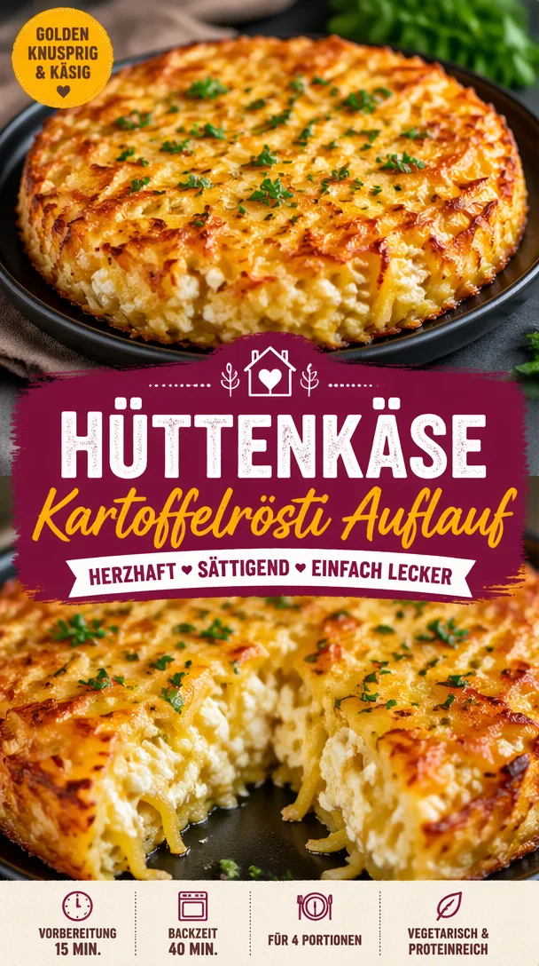 Leckere Portion Hüttenkäse Kartoffelrösti Auflauf auf einem Teller