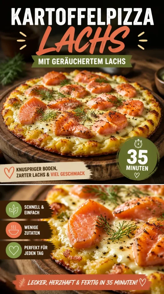 Kartoffelpizza mit geräuchertem Lachs auf einem Holzbrett serviert.