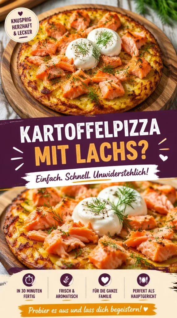 Kartoffelpizza mit Lachs auf einem Holzbrett angerichtet