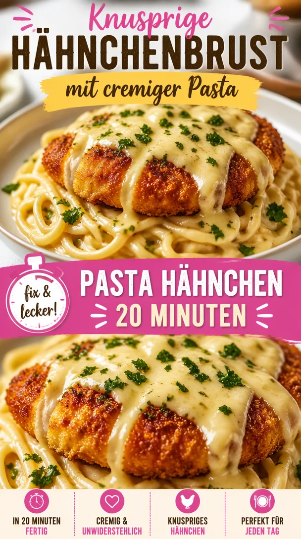 Knusprige Hähnchenbrust mit cremiger Pasta auf einem Teller serviert