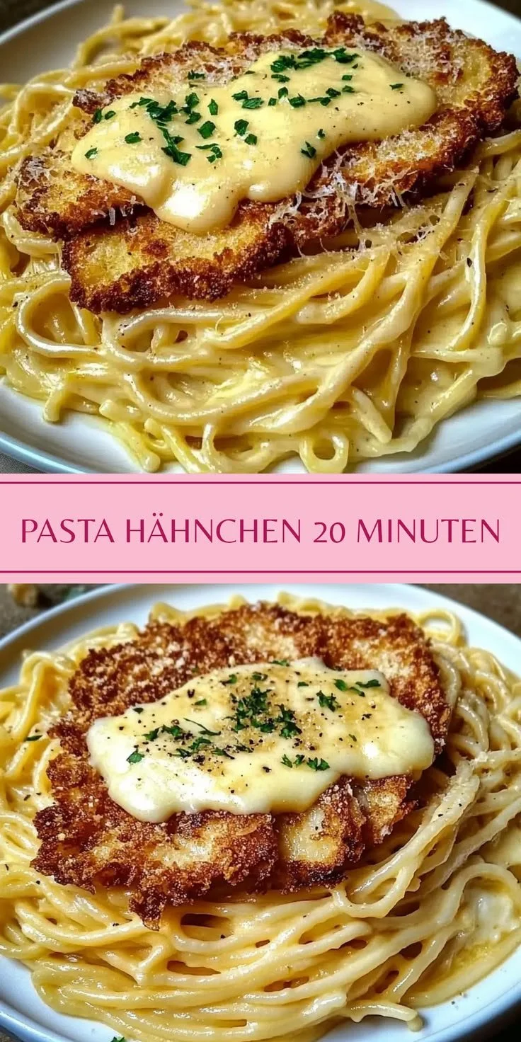 Knusprige Hähnchenbrust mit cremiger Pasta