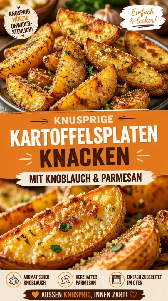 Knusprige Knoblauch-Parmesan-Kartoffelspalten serviert auf einem Teller.