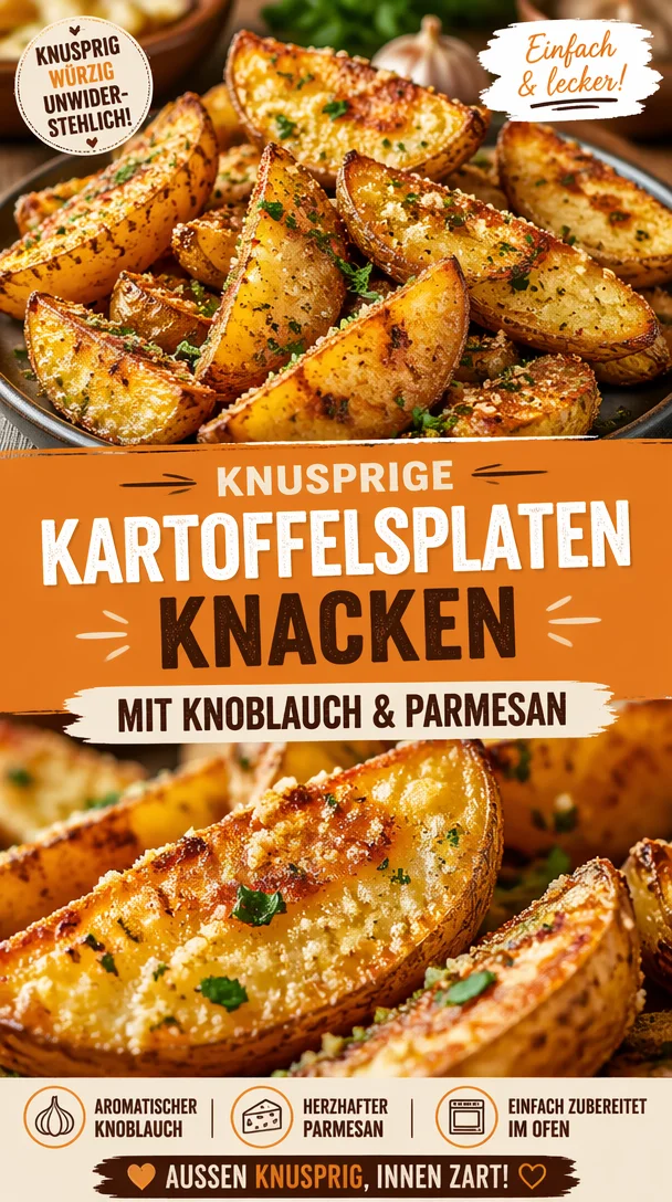 Knusprige Knoblauch-Parmesan-Kartoffelspalten serviert auf einem Teller.