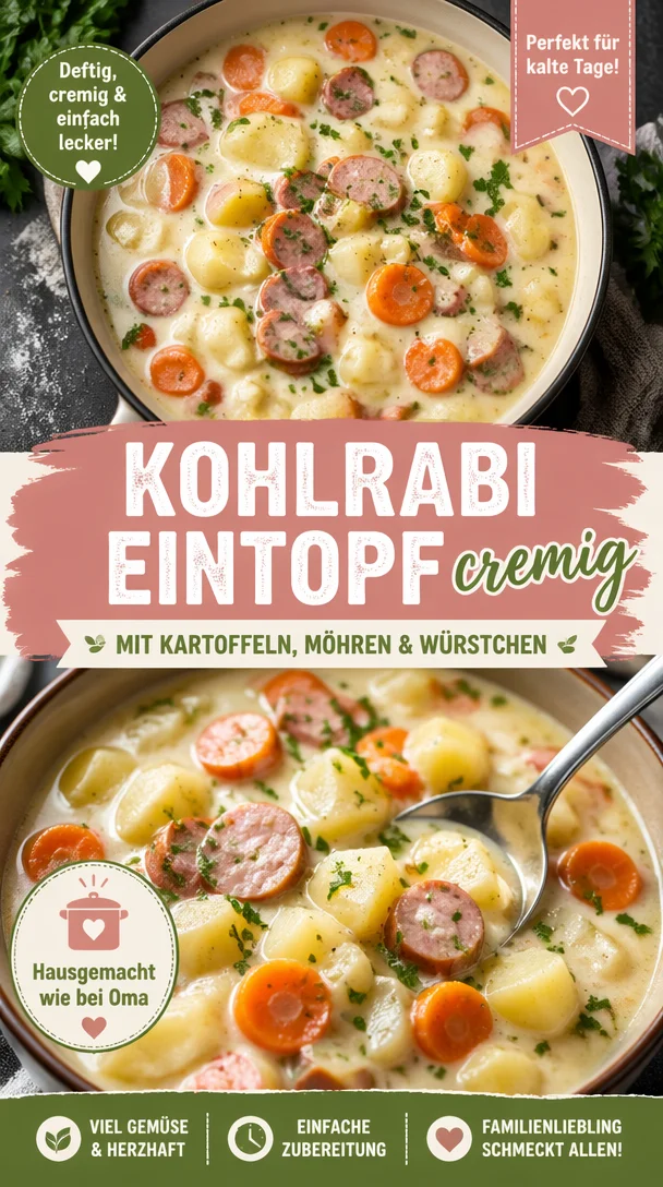 Kohlrabi Eintopf mit Kartoffeln und Käse auf einem Teller angerichtet.