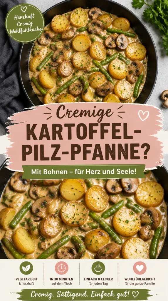 Leckere Kartoffel-Pilz-Pfanne mit Bohnen auf einem Teller serviert.