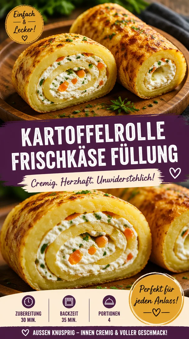 Köstliche Kartoffelrolle mit Frischkäsefüllung auf einem Teller serviert.