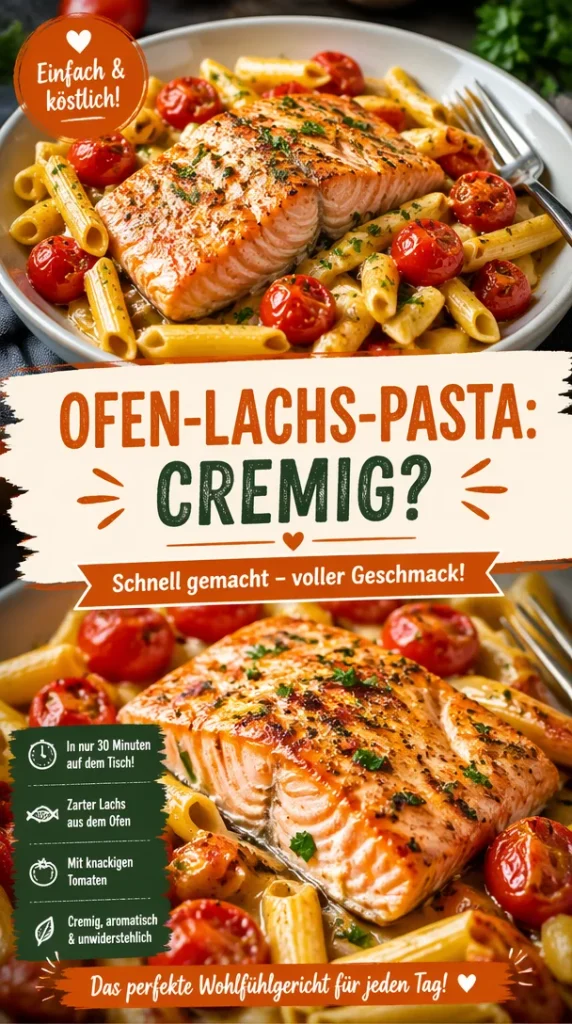 Ofen-Lachs-Pasta mit saftigen Tomaten auf einem Teller