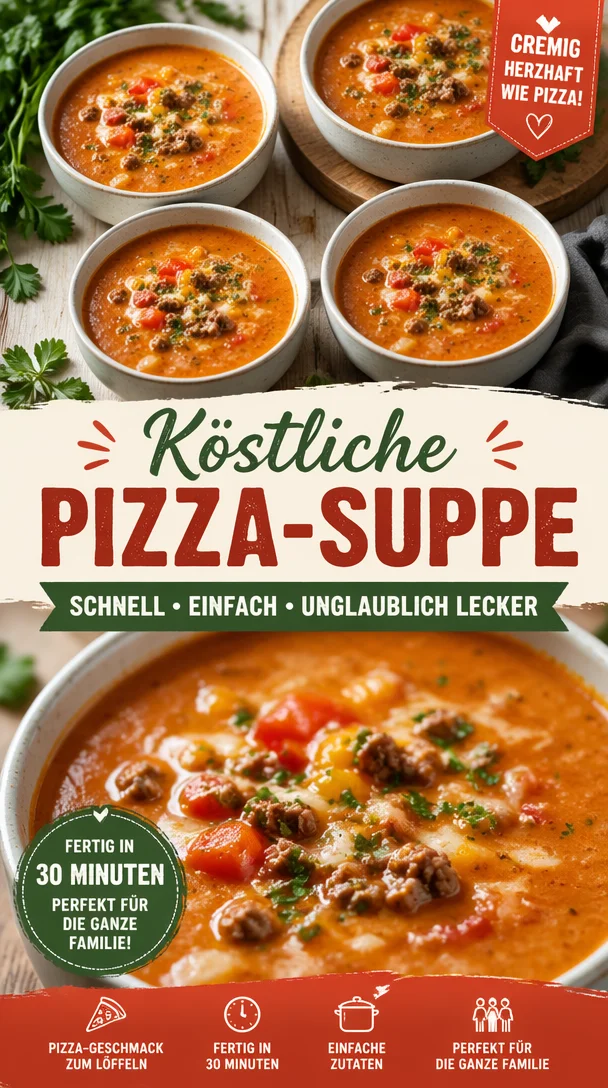 Köstliche Pizza-Suppe mit frischen Zutaten und würzigem Geschmack.