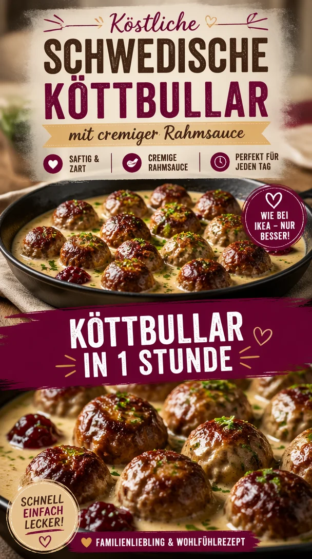 Schwedische Köttbullar mit cremiger Rahmsauce auf einem Teller