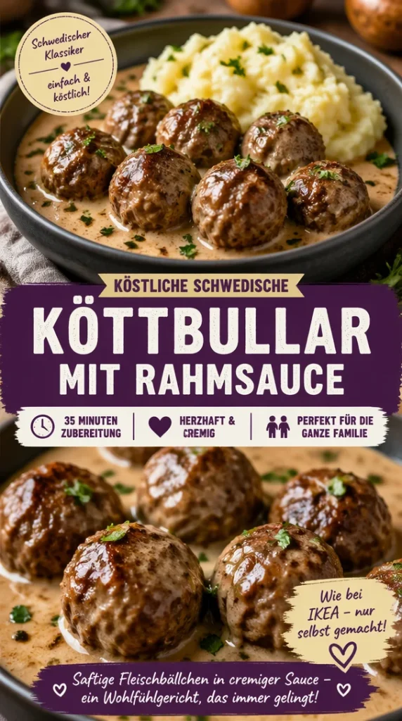 Schwedische Köttbullar serviert mit cremiger Rahmsauce auf einem Teller