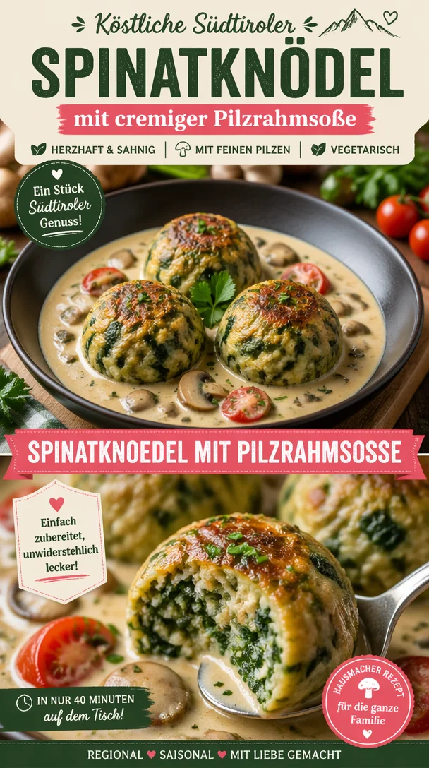 Südtiroler Spinatknödel mit cremiger Pilzrahmsoße auf einem Teller.