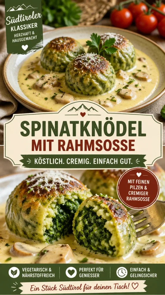 Südtiroler Spinatknödel mit cremiger Pilzrahmsoße auf einem Teller