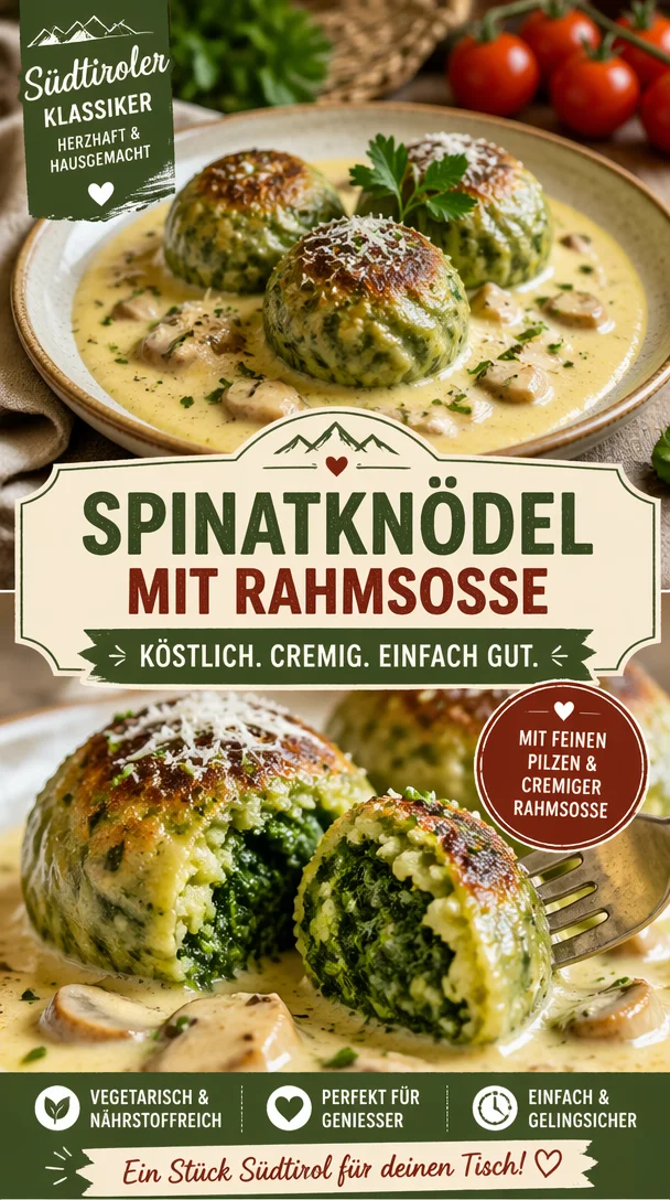 Südtiroler Spinatknödel mit cremiger Pilzrahmsoße auf einem Teller