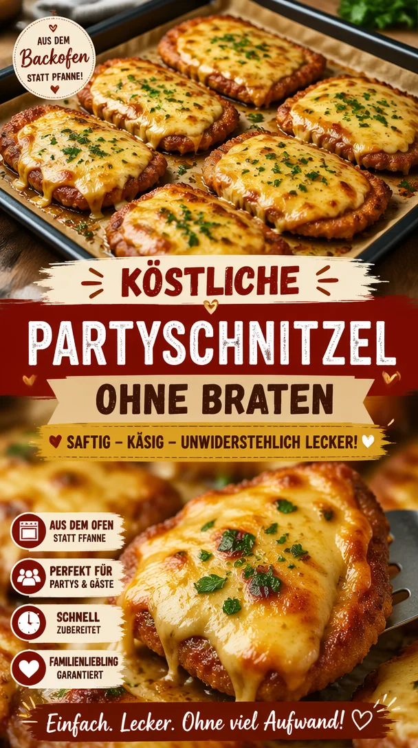 Überbackene Partyschnitzel auf einem Teller serviert, ideal für Feiern