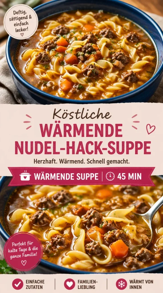 Eine bunte Schüssel mit Nudel-Hack-Suppe, dampfend und appetitlich.