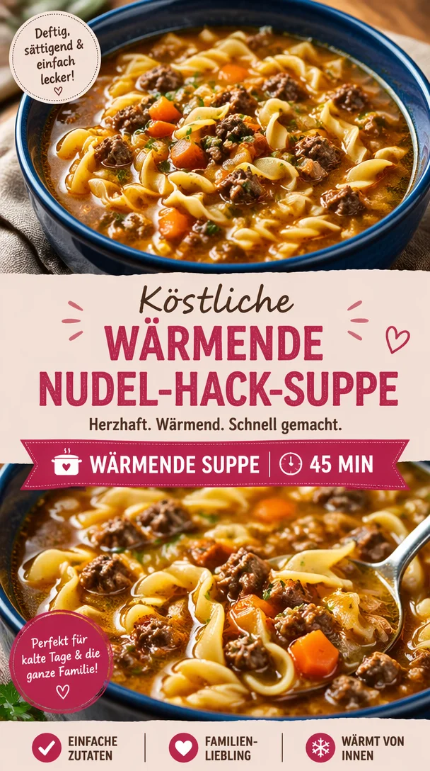 Eine bunte Schüssel mit Nudel-Hack-Suppe, dampfend und appetitlich.